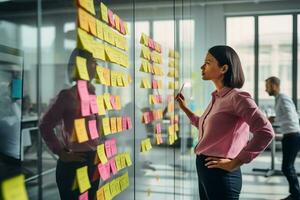 creativo gente, pensando y reunión para calendario planificación, lluvia de ideas o equipo estrategia a el oficina. hombre y mujer en trabajo en equipo decisión para proyecto plan. ai generado foto