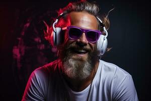 Neon portrait of bearded smiling man in headphones, sunglasses, white t-shirt. Listening to music. AI Generated photo