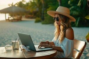 Young woman using laptop computer on beach, freelancer girl working remote, Freelance work, online learning, distant work, connection concept. AI Generated photo