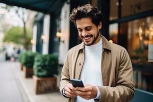 Young handsome man using smartphone in a city. Smiling student men texting on his mobile phone isolated portrait. Modern lifestyle, connection, business concept . AI Generated photo