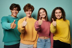 Portrait of teenagers showing thumb-up on color background. AI Generated photo