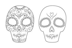 Set of 2 patterned Outline drawing Sugar Skulls. Day of the Dead. Dia de los muertos. Mexico. Vector