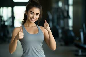 Smiling Woman, fitness and thumbs up to health, workout and training to live an active, wellness and healthy lifestyle with gym. Personal trainer. AI Generated photo