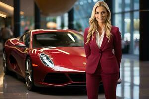 A woman in a suit stands next to a supercar . AI Generated photo