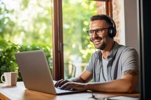 Man having discussion or web conference chat. Work or study from home, freelance, online video conferencing, e-learning, web chat meeting, distance education. AI Generated photo