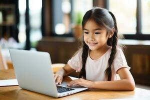 Cute little girl using laptop at home, Education, online study, home studying, distance learning, homework, schoolgirl children lifestyle concept. AI Generated photo