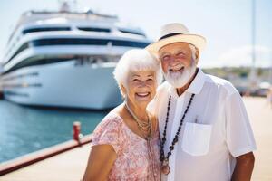 A happy seniors couple in traveling . photo