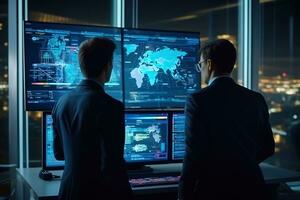 Project Manager and Computer Science Engineer Talk while Using Big Screen Display and a Laptop, Showing Infrastructure Infographics Data. AI Generated photo