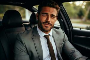 Attractive elegant happy man in good car. AI Generated photo