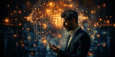 Businessman touching circuit of brain working of Artificial Intelligence AI. AI Generated photo