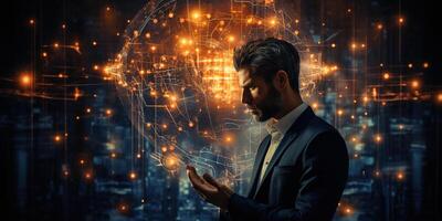 Businessman touching circuit of brain working of Artificial Intelligence AI. AI Generated photo