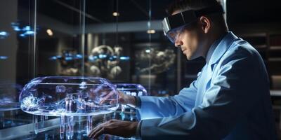 Medical technology. Health care, Medicine doctor using virtual reality headset with robots to research and testing result of patients on virtual interface, VR, innovation photo