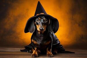 dachshund puppy dressed in funny witch Halloween costume. photo