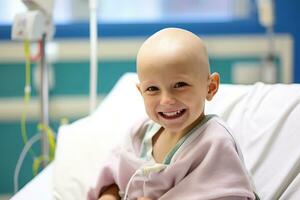 Bald boy smiling in cancer hospital bed. AI Generated photo