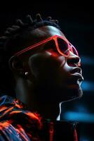 The retro wave or synth wave portrait of a young happy serious African man at studio. AI Generated photo