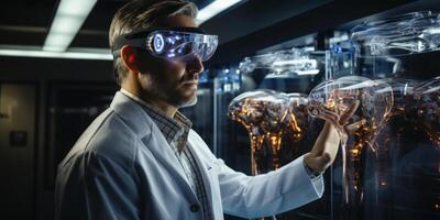 Medical technology. Health care, Medicine doctor using virtual reality headset with robots to research and testing result of patients on virtual interface, VR, innovation photo