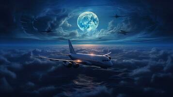 airplane flying above the clouds in the night a full moon photo