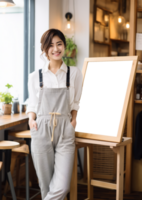 Barista girl standing beside the standing white board mock up. AI Generated. png