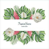 Frame with tropical watercolor leaves and flowers.Tropical background. vector