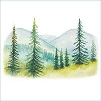 Watercolor landscape with mountains and trees in the foreground vector