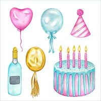 Watercolor birthday set, with cake, balloons, champagne. vector