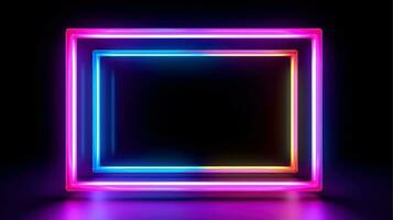 Neon border frame, Multi-colored neon lamp on a black background. Halogen light, Generative AI illustration photo