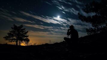 paisaje con Luna en noche tiempo. noche cielo con estrellas y silueta fotógrafo tomar foto en el montaña, generativo ai ilustración