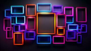 Neon border frame, Multi-colored neon lamp on a black background. Halogen light, Generative AI illustration photo