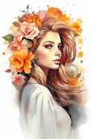 Watercolor art, female portrait, non-existent character, fictional girl. AI generated photo