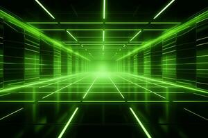 Abstract neon green background, cyber space, parallel universe, lines, stripes, glow. AI generated photo