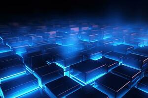 Abstract neon blue background, cyber space, parallel universe, lines, stripes, glow. AI generated photo