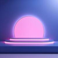 Round neon glowing podium, stage, pedestal. Empty advertising platform photo