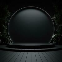 Simple black podium, stage, platform with green tropical leaves. Generative AI photo