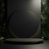 Simple black podium, stage, platform with green tropical leaves. Generative AI photo