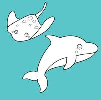 Dolphin and Stingray Fish Underwater Animal Ocean Cartoon Digital Stamp Outline vector