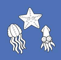 Jellyfish Squid Star Fish Underwater Animal Cartoon Digital Stamp Outline vector