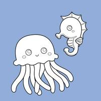 Cute Jellyfish and Seahorse Animal Ocean Cartoon Digital Stamp Outline vector