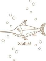 alfabeto X para xiphias pescado vocabulario colegio lección dibujos animados colorante paginas para niños y adulto vector