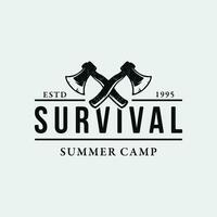 Adventure survival ax logo design with vintage hipster campfire for camping, adventure and labels. vector