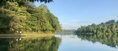 Reflections of Morning panorama of lake in the Lake District in Singapore resovoir photo