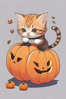 Cute kitten in horror evil face pumpkin. Vector cartoon illustration. AI generated. photo