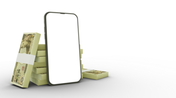 3D rendering of a mobile phone with  blank screen  in front of stacks of Japanese yen notes isolated on transparent background. png