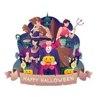 contento Víspera de Todos los Santos niños con su padres y Víspera de Todos los Santos calabazas ilustración haz paquete octubre vector eps