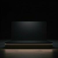 Stage, podium, empty pedestal for displaying objects and advertising goods, pink, black, round, square, glow. Generative AI photo