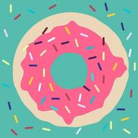 Round donut with pink icing and sugar sprinkles on a blue background vector
