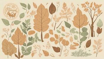 Hand drawn autumn leaves and branches set. Vector illustration in vintage style. AI generated. photo