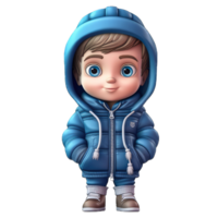 cute 3d character boy wearing a winter jacket clothes transparent background png, winter bot png