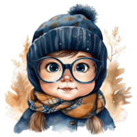 Cute adorable little snow boy character watercolor clipart, boy wear winter cloths transparent background png