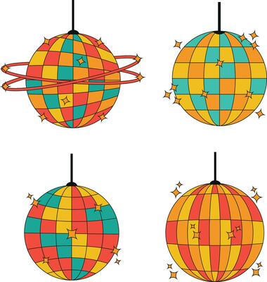 Retro Disco Ball Icon Set. Cartoon Style. 80s Party Symbol