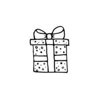 Doodle gift box with bow icon isolated on white background. Christmas and Birthday presents with hearts thin line doodle in cartoon style. Gift wrap or package. Hand drawn icons vector illustration